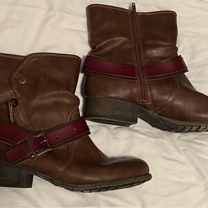 Brown Leather Ankle Boots with Burgundy Straps